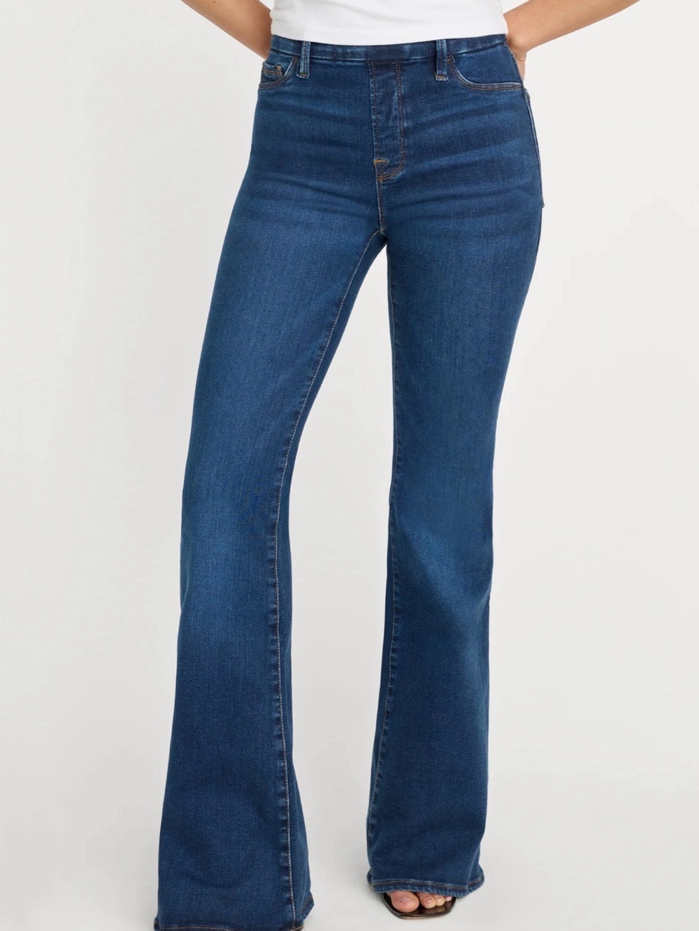 Good American Power Stretch Pull-On Flare Dark Wash Jeans | Women’s Size Medium